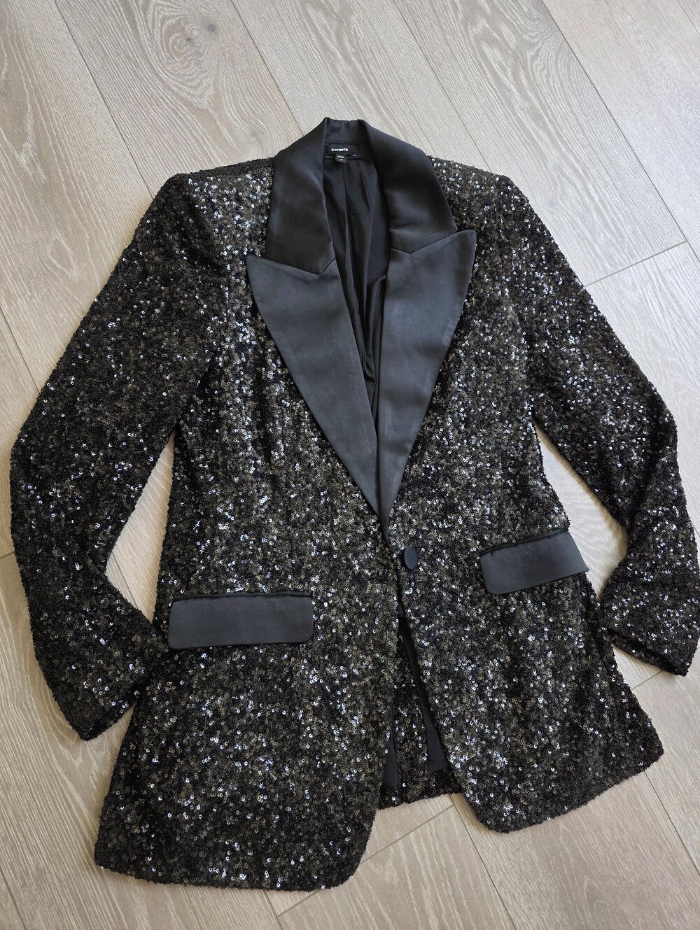 Express Black Sequin Satin-Lapel Blazer